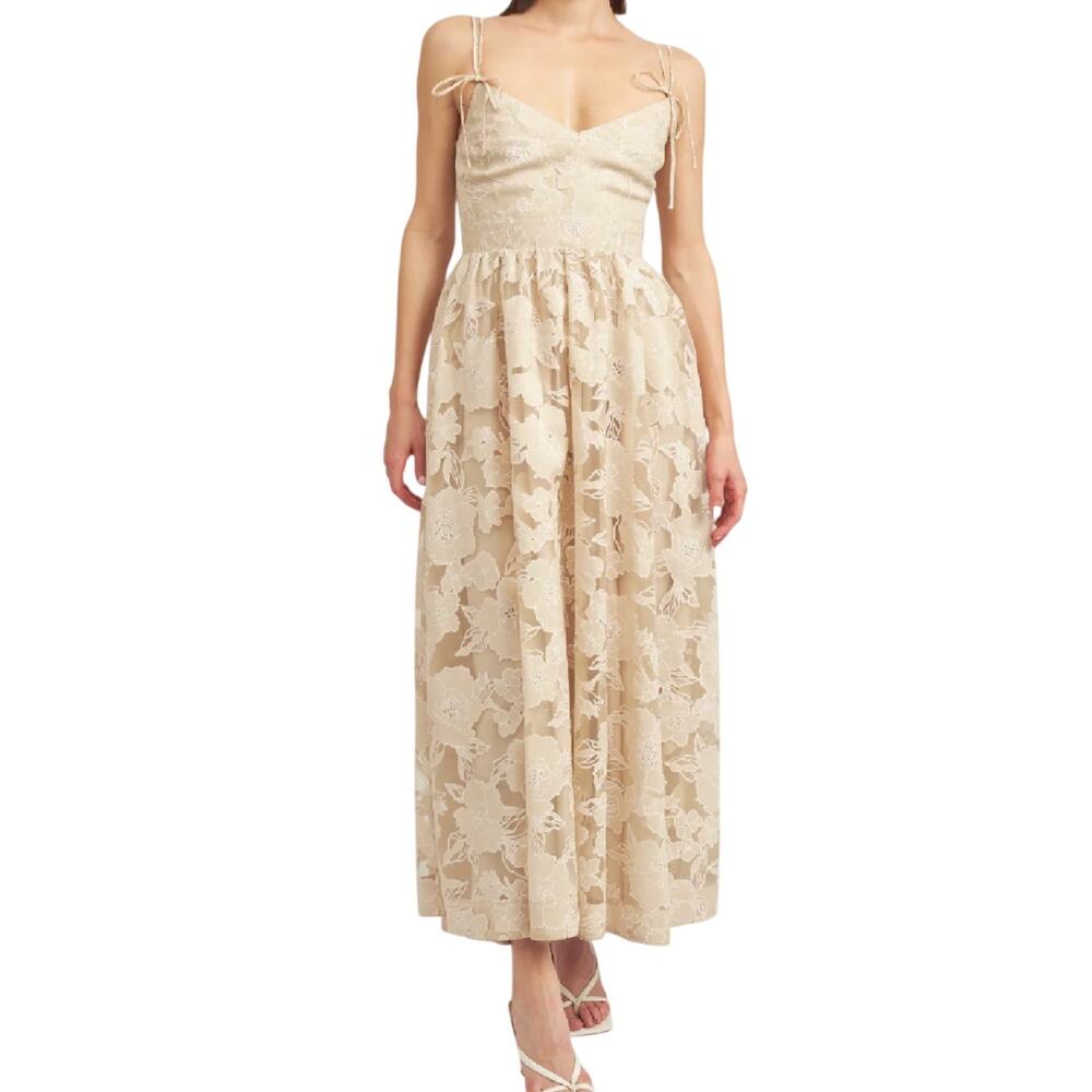 En Saison Anthropologie XS Beige Lace Midi Maxi Dress Wedding Guest Semi Formal